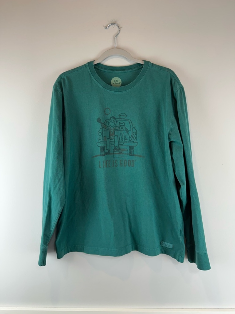 Life is Good Green Man Dog Football Truck Graphic Long Sleeve Tee Shirt Large